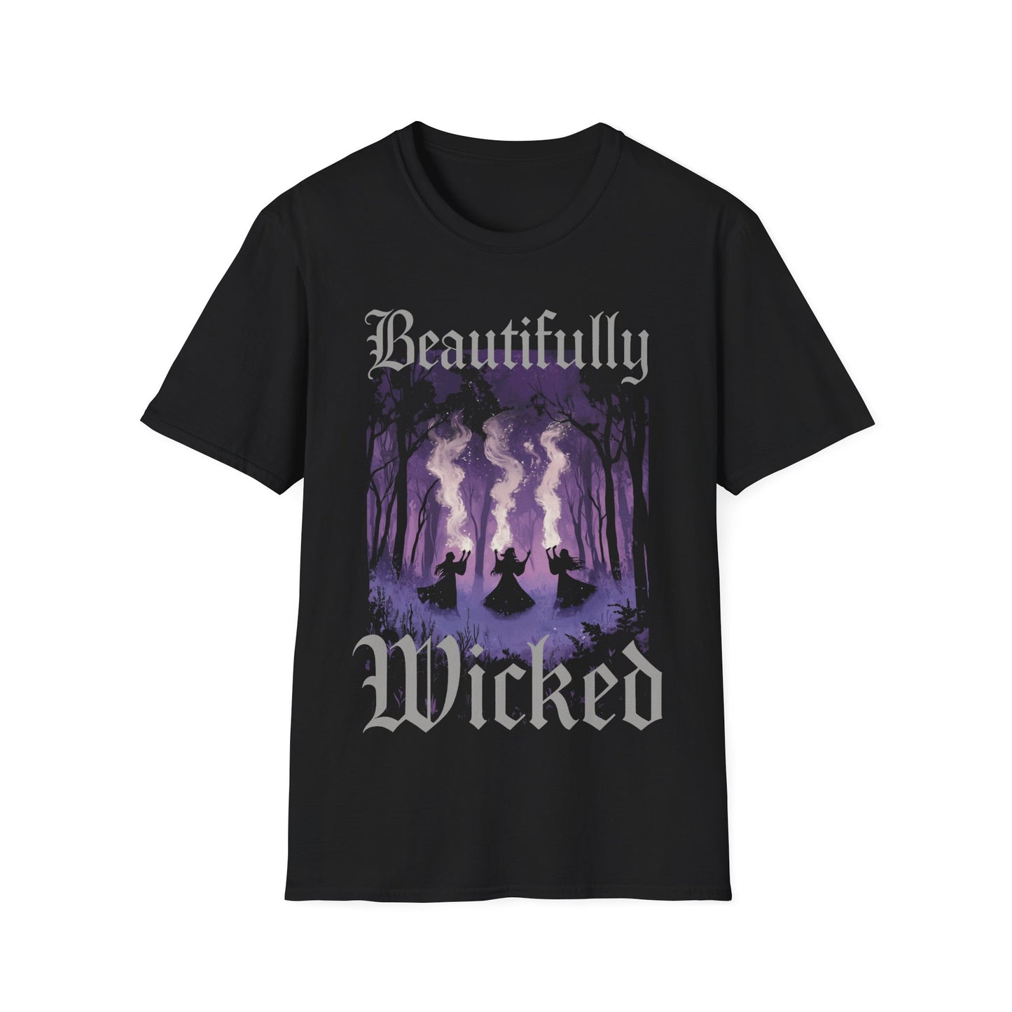 Black t-shirt with 'Beautifully Wicked' Agatha All Along inspired graphic design on a white background
