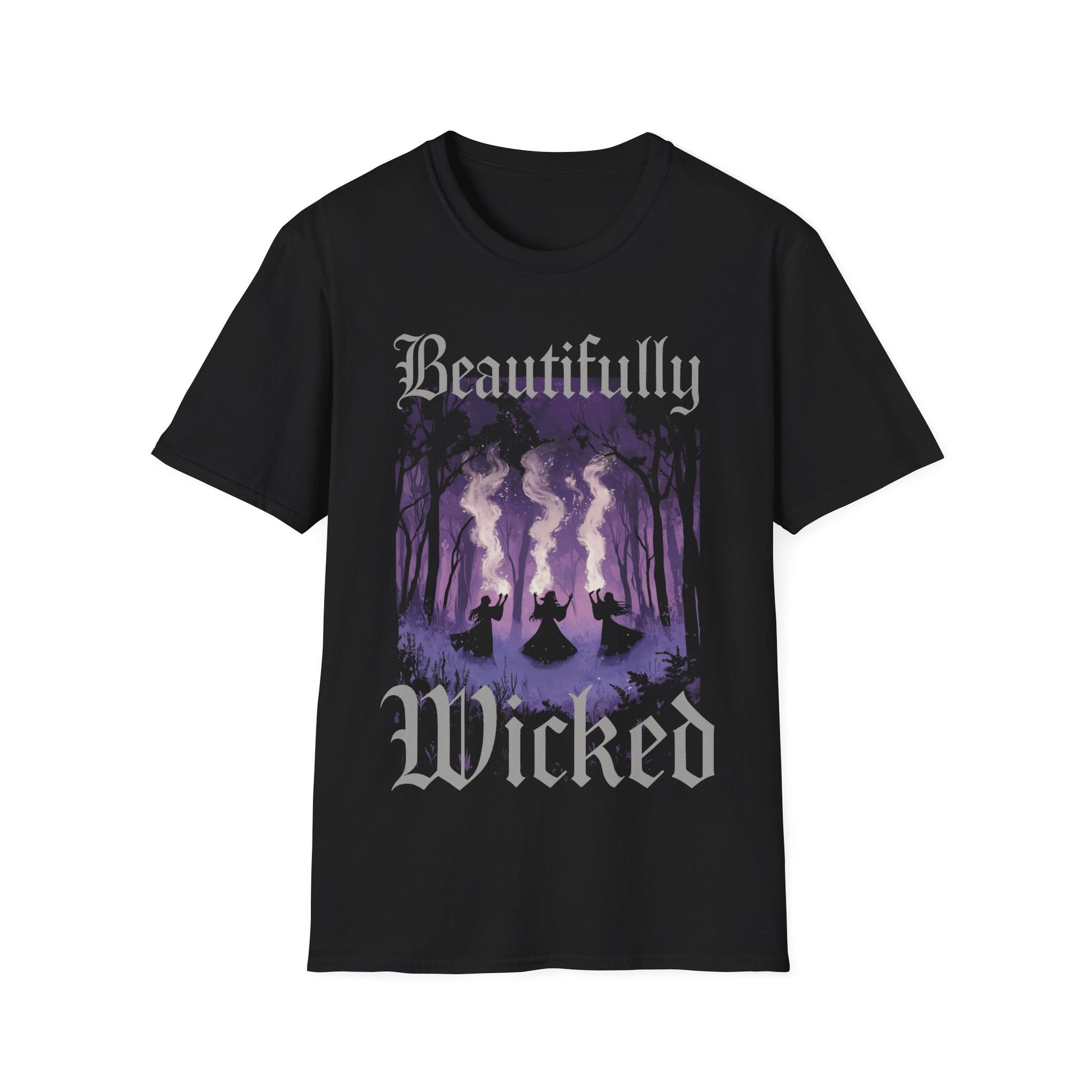 Black t-shirt with 'Beautifully Wicked' Agatha All Along inspired graphic design on a white background