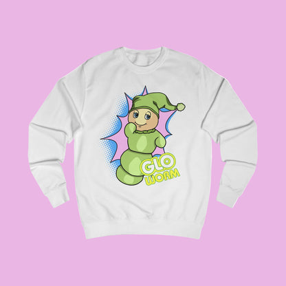 White sweatshirt with a green character and 'Glo Worm' text on a white background