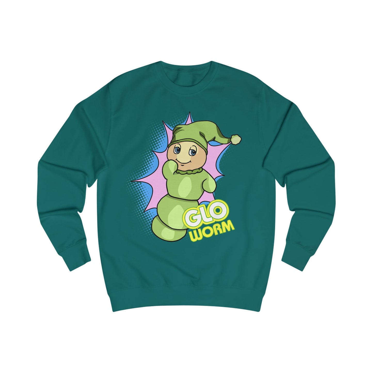 Green sweatshirt with a cartoon character and 'Glo Worm' text on a white background