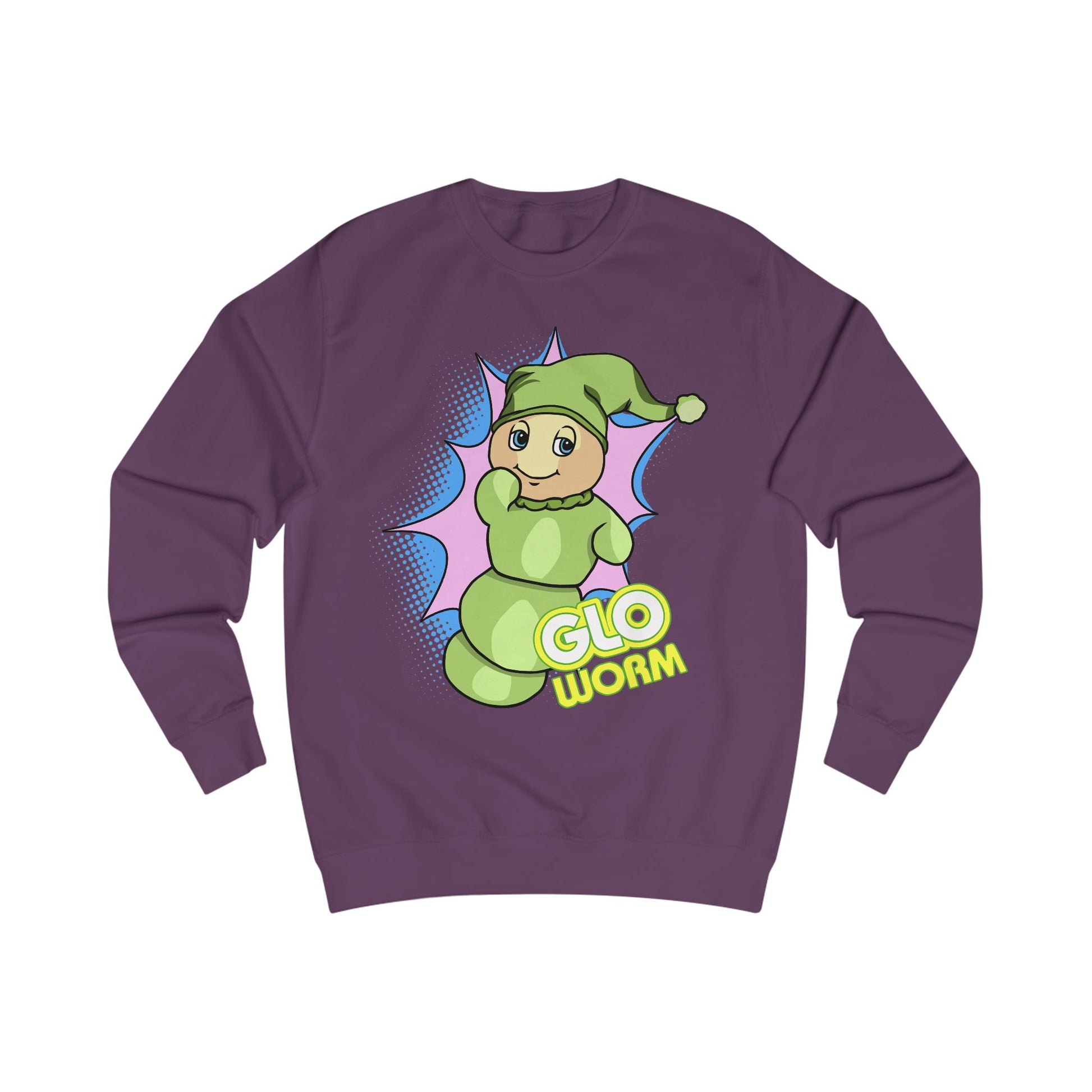 Purple sweatshirt with a green 'Glo Worm' character on a white background