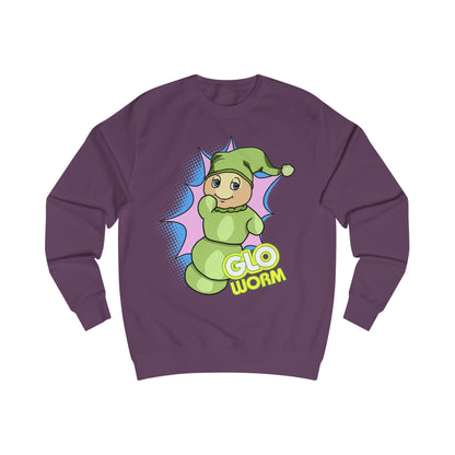 Purple sweatshirt with a green 'Glo Worm' character on a white background