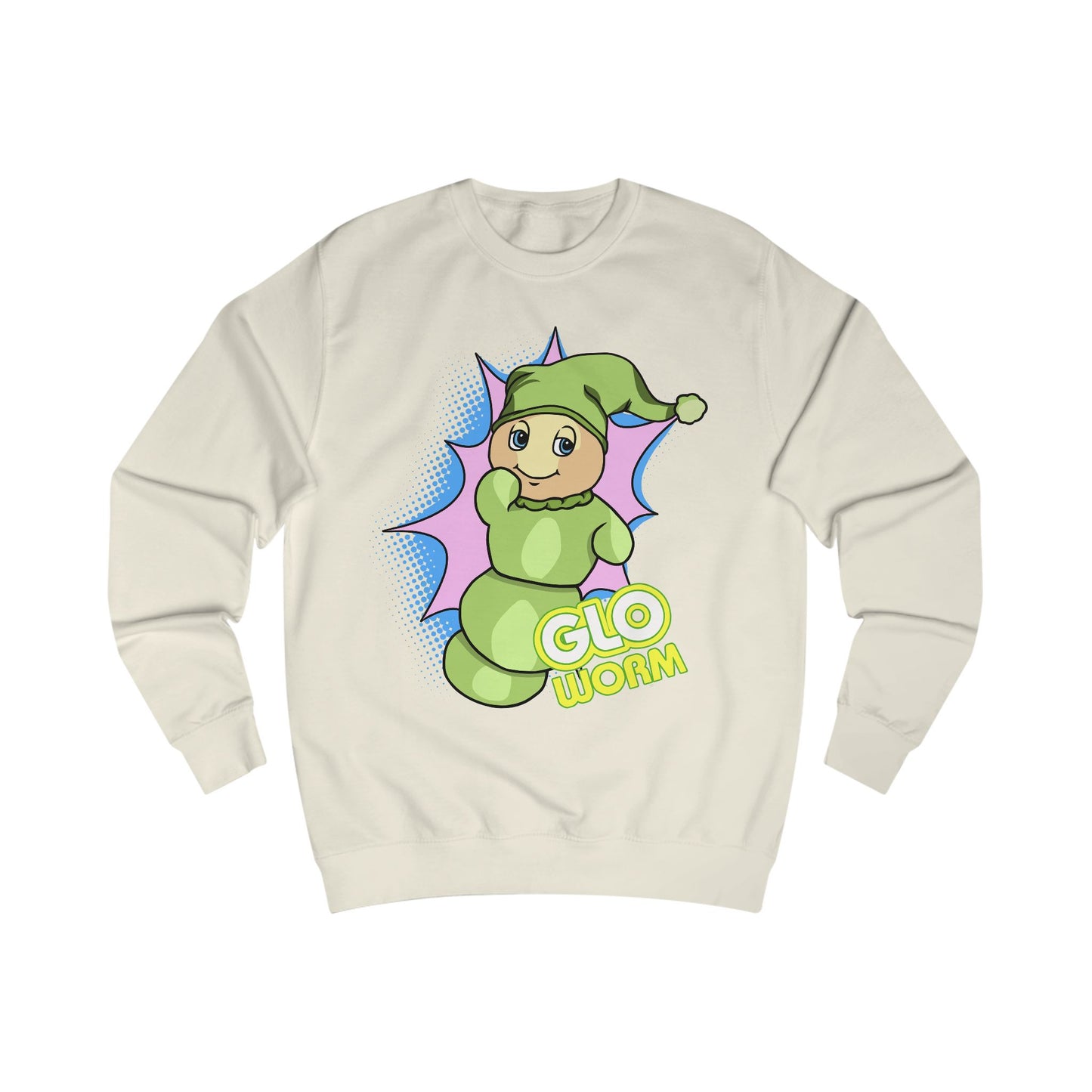 Beige sweatshirt with a cartoon character and 'Glo Worm' text on a white background