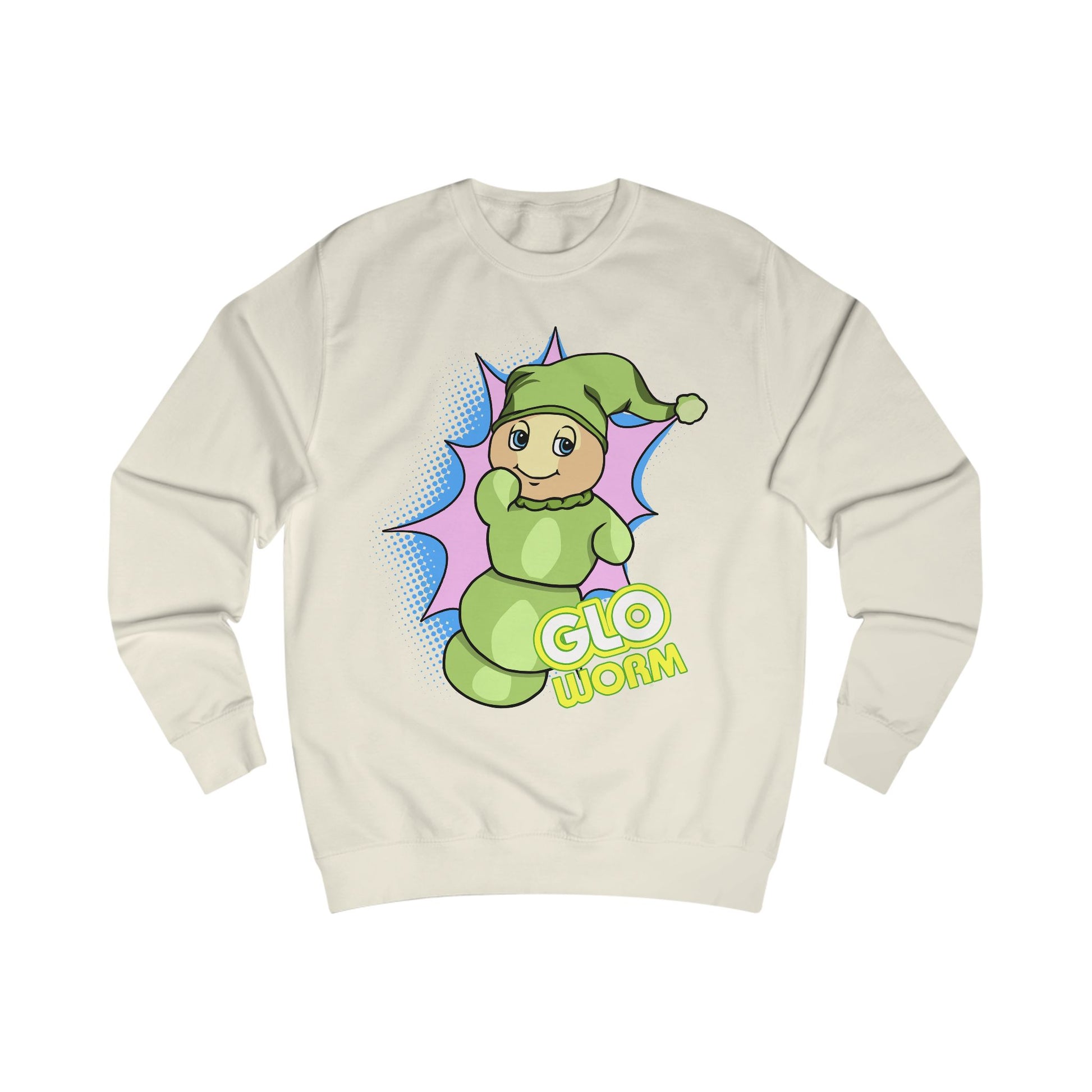 Beige sweatshirt with a cartoon character and 'Glo Worm' text on a white background