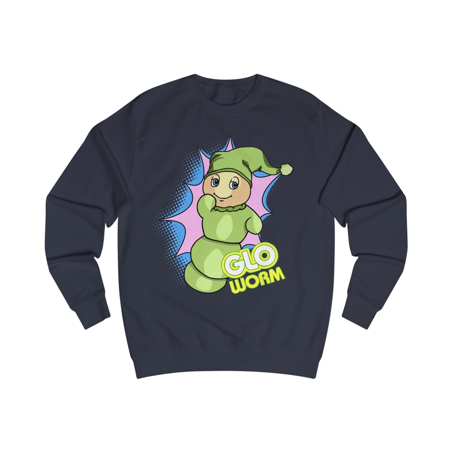 Navy blue sweatshirt with a cartoon green 'Glo Worm' character on a white background