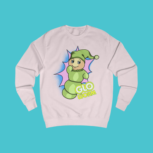 Light pink sweatshirt with a cartoon character and 'Glo Worm' text on a white background