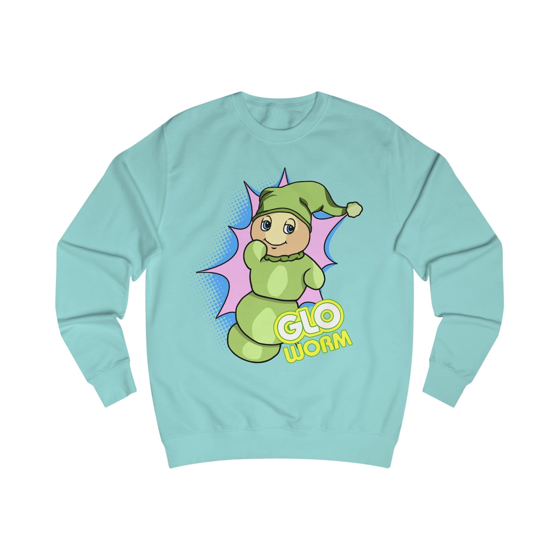 Light blue sweatshirt with a cartoon character and 'Glo Worm' text on a white background