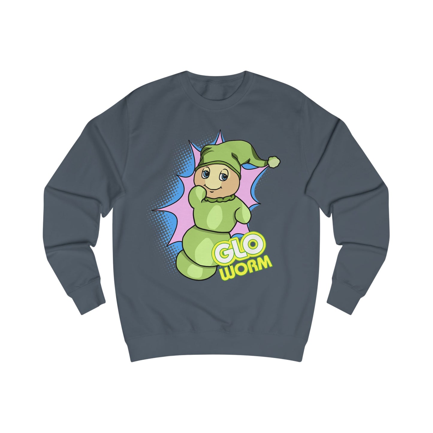 Gray sweatshirt with a cartoon green 'Glo Worm' character on a white background