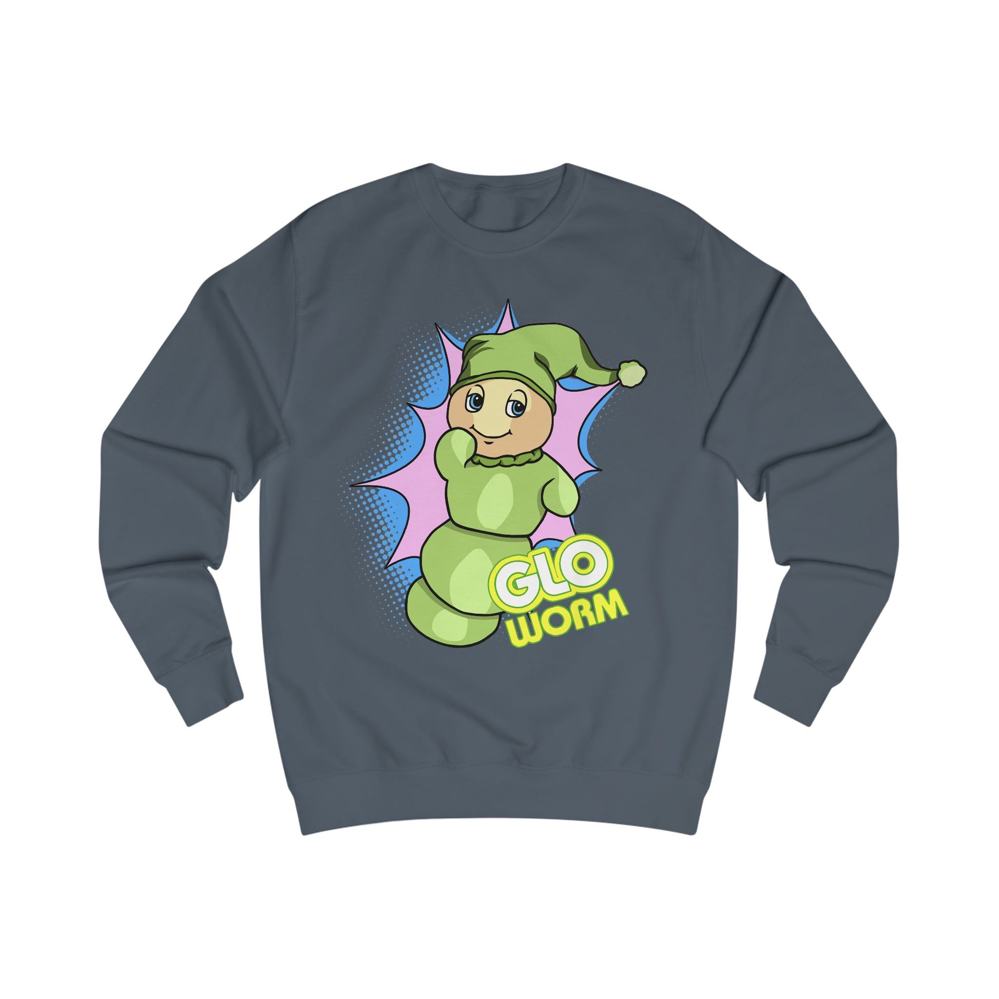 Gray sweatshirt with a cartoon green 'Glo Worm' character on a white background