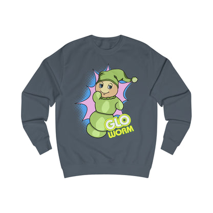Gray sweatshirt with a cartoon green 'Glo Worm' character on a white background