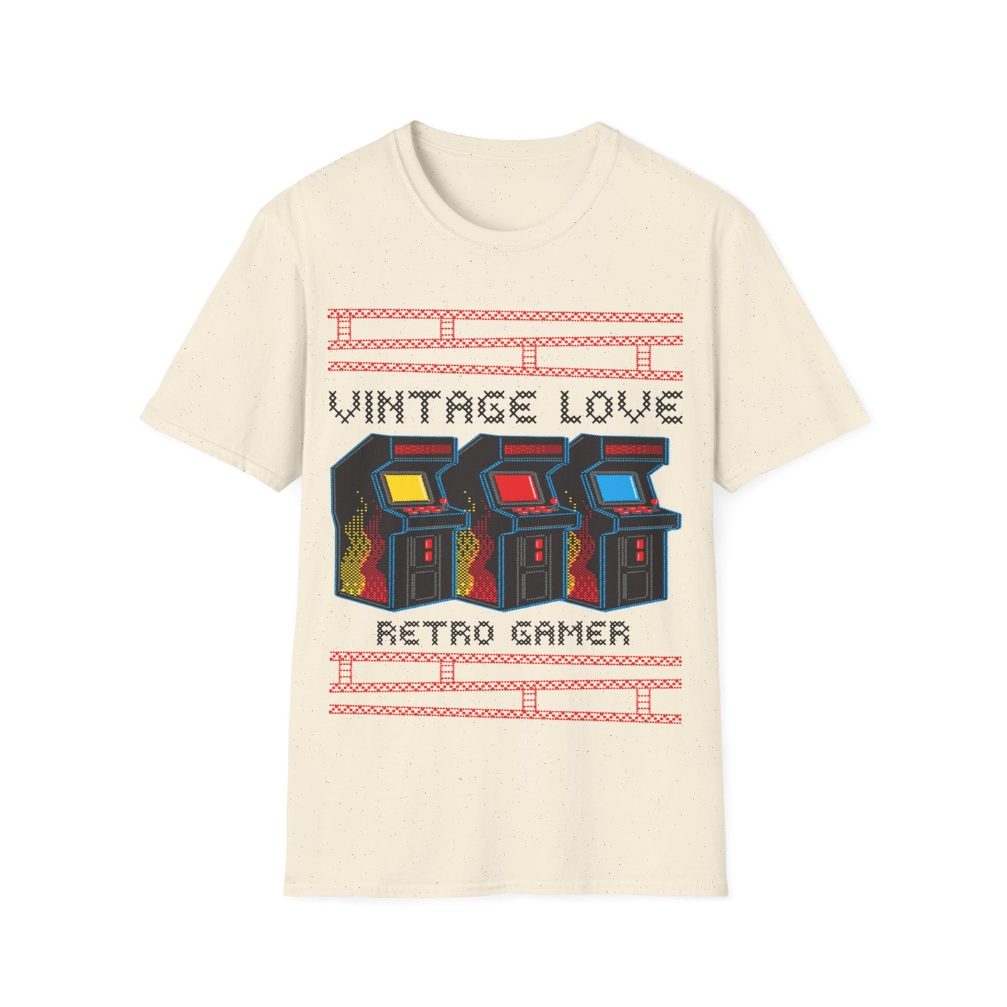 Beige t-shirt with retro arcade game design and Vintage Love Retro Gamer text on a white background