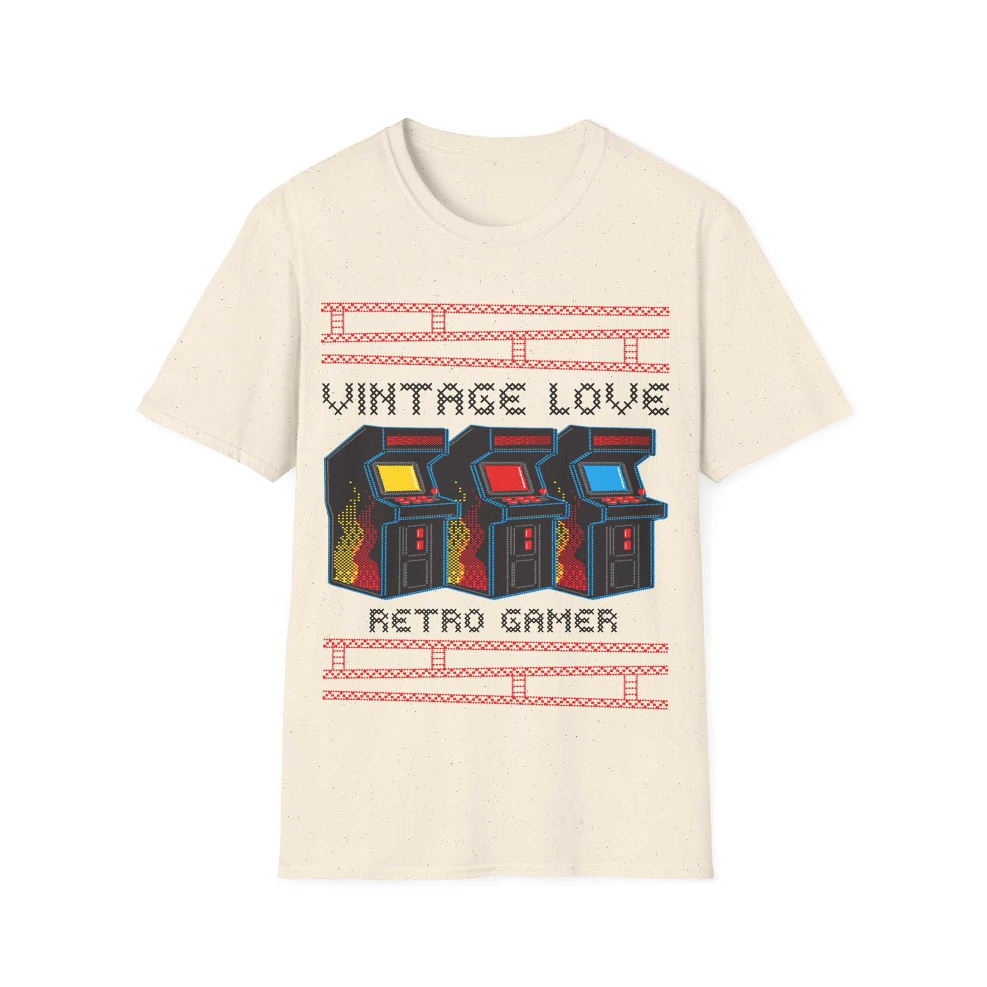Beige t-shirt with retro arcade game design and Vintage Love Retro Gamer text on a white background