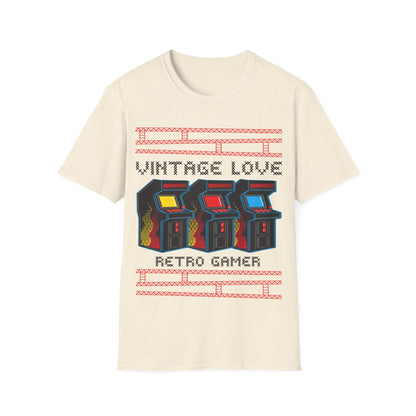 Beige t-shirt with retro arcade game design and Vintage Love Retro Gamer text on a white background