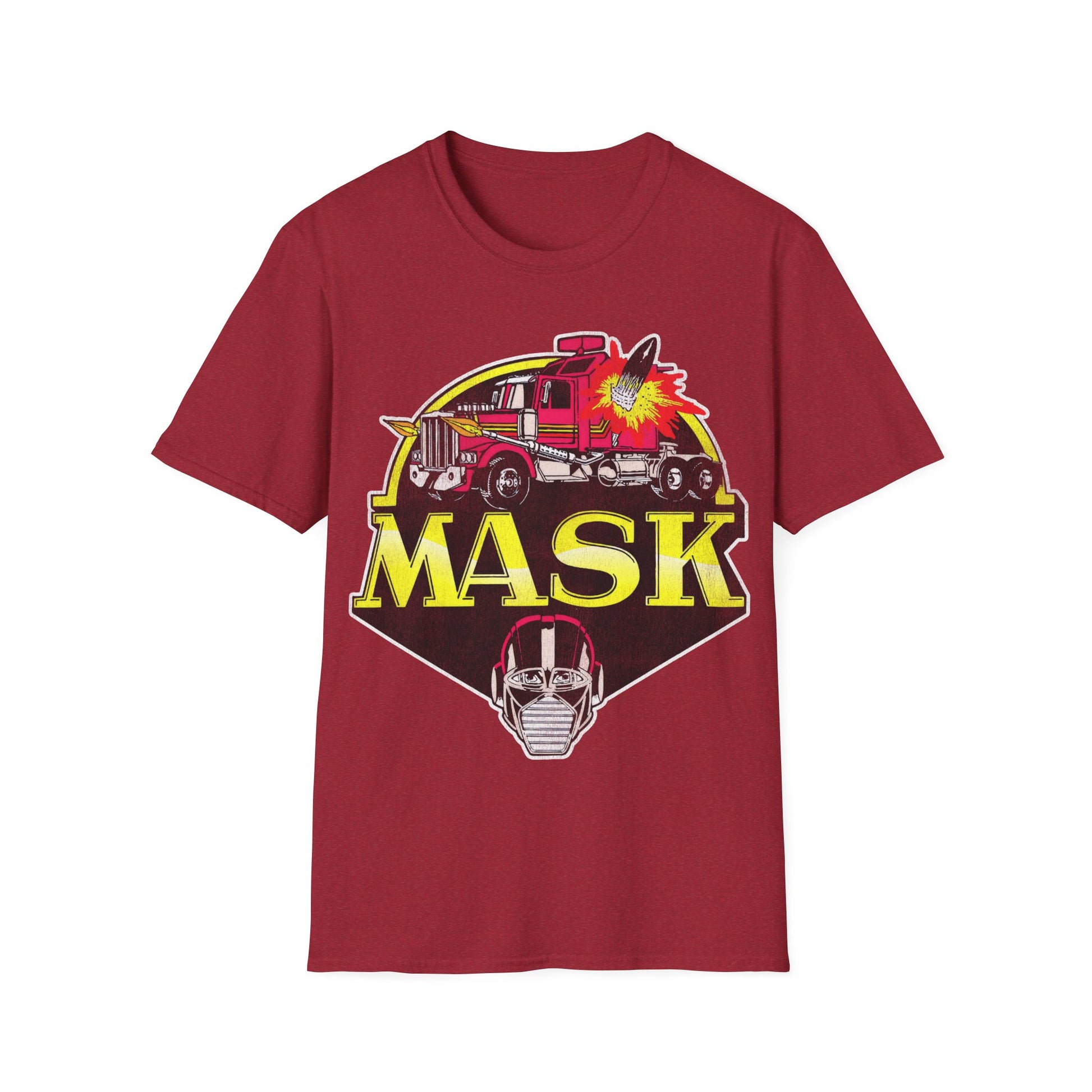 Maroon t-shirt with 'MASK' graphic design featuring a fire truck and mask on a white background