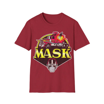 Maroon t-shirt with 'MASK' graphic design featuring a fire truck and mask on a white background
