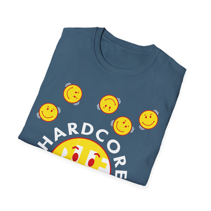Folded indigo blue t-shirt with a smiley face graphic and Hardcore Happiness text on a white background