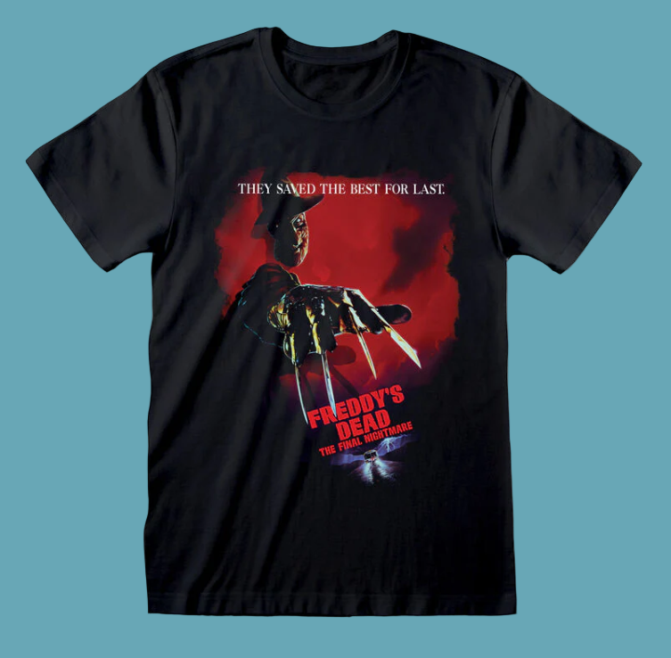 Black t-shirt with Freddy Krueger graphic and text on a white background