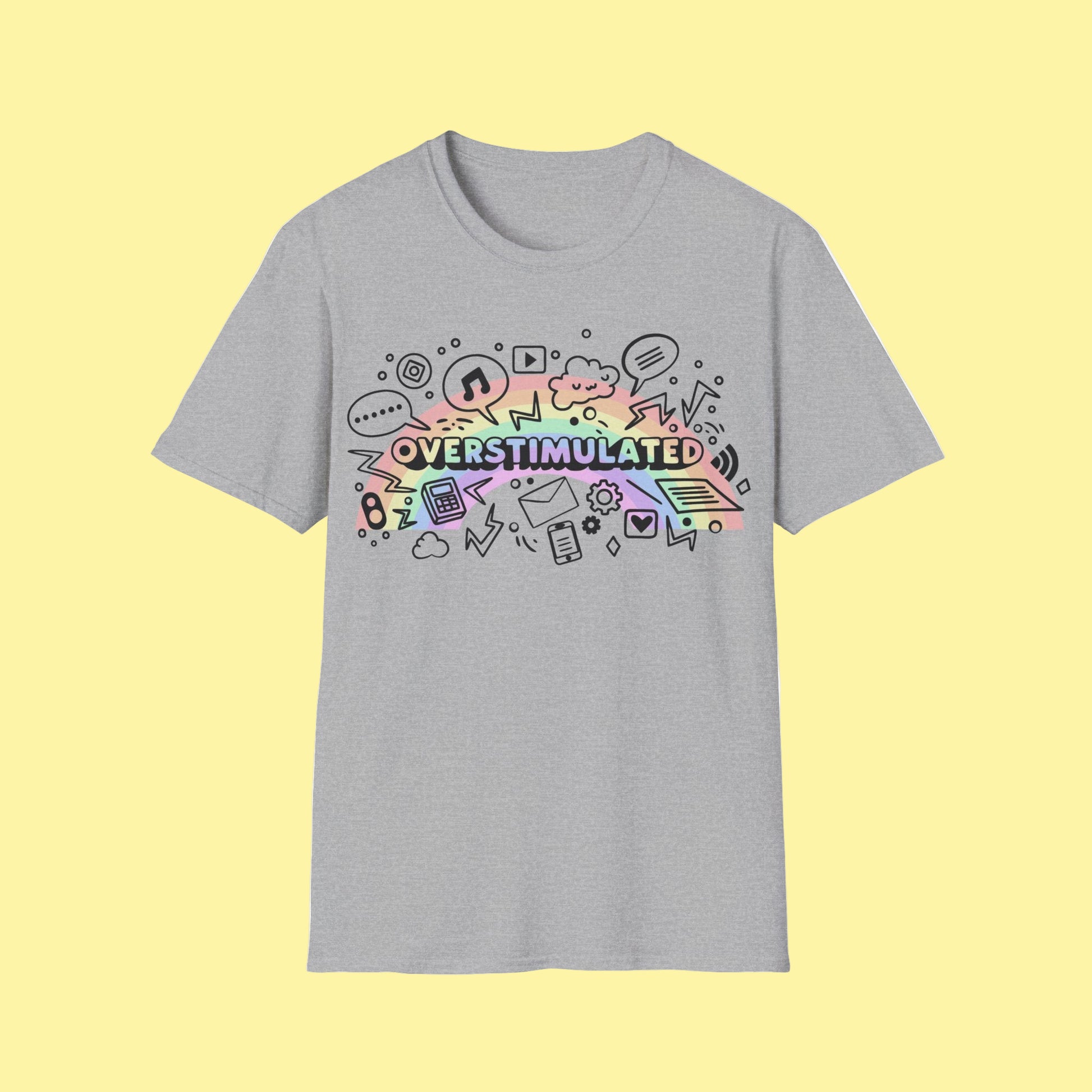 Gray t-shirt with colorful 'OVERTIMATED' graphic design on a white background