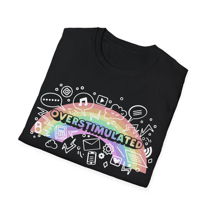 Black t-shirt with colorful 'OVERSTIMULATED' design on a white background