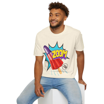Man wearing a cream t-shirt with a colourful graphic Ice Lolly design sitting on a white stool.