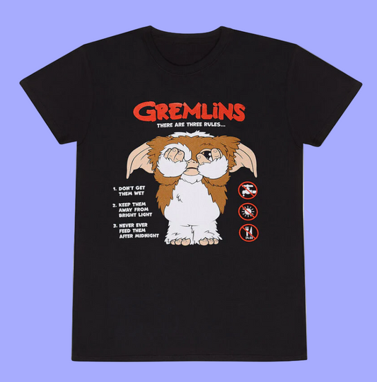 Short sleeve Black t-shirt with Gremlins Gizmo graphic and Gremlins There are Three Rules text on a white background