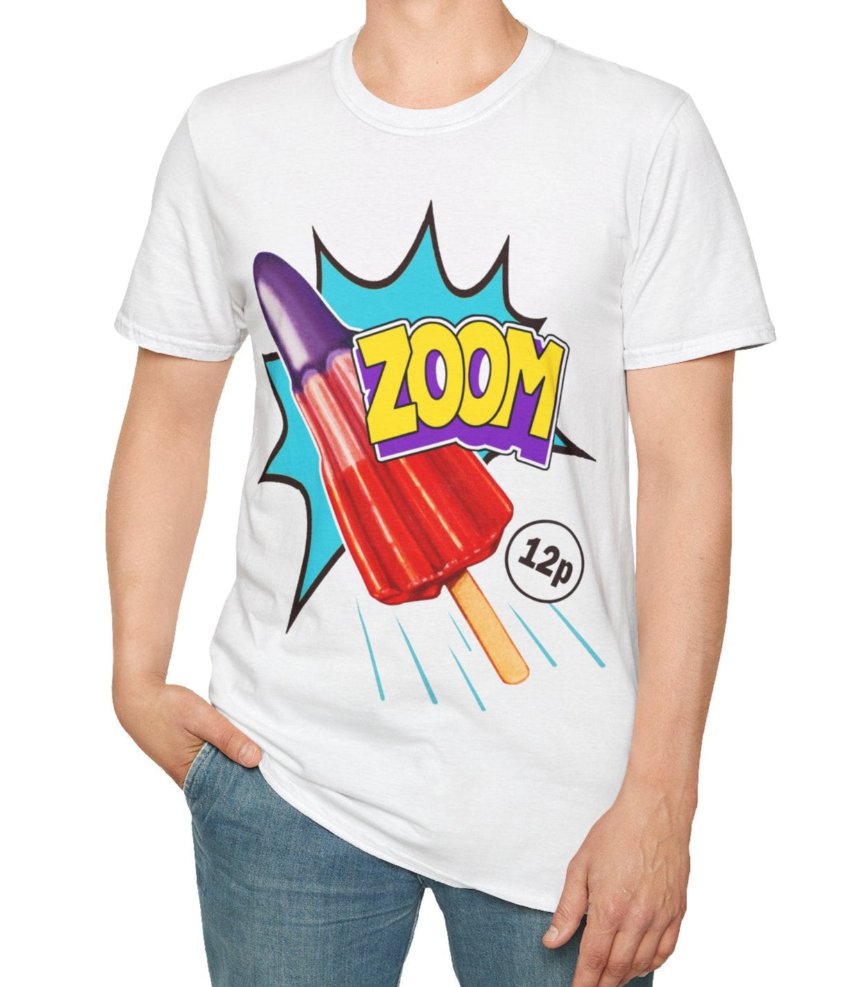 Person wearing a white t-shirt with a colourful graphic Zoom Ice Lolly design on a white background