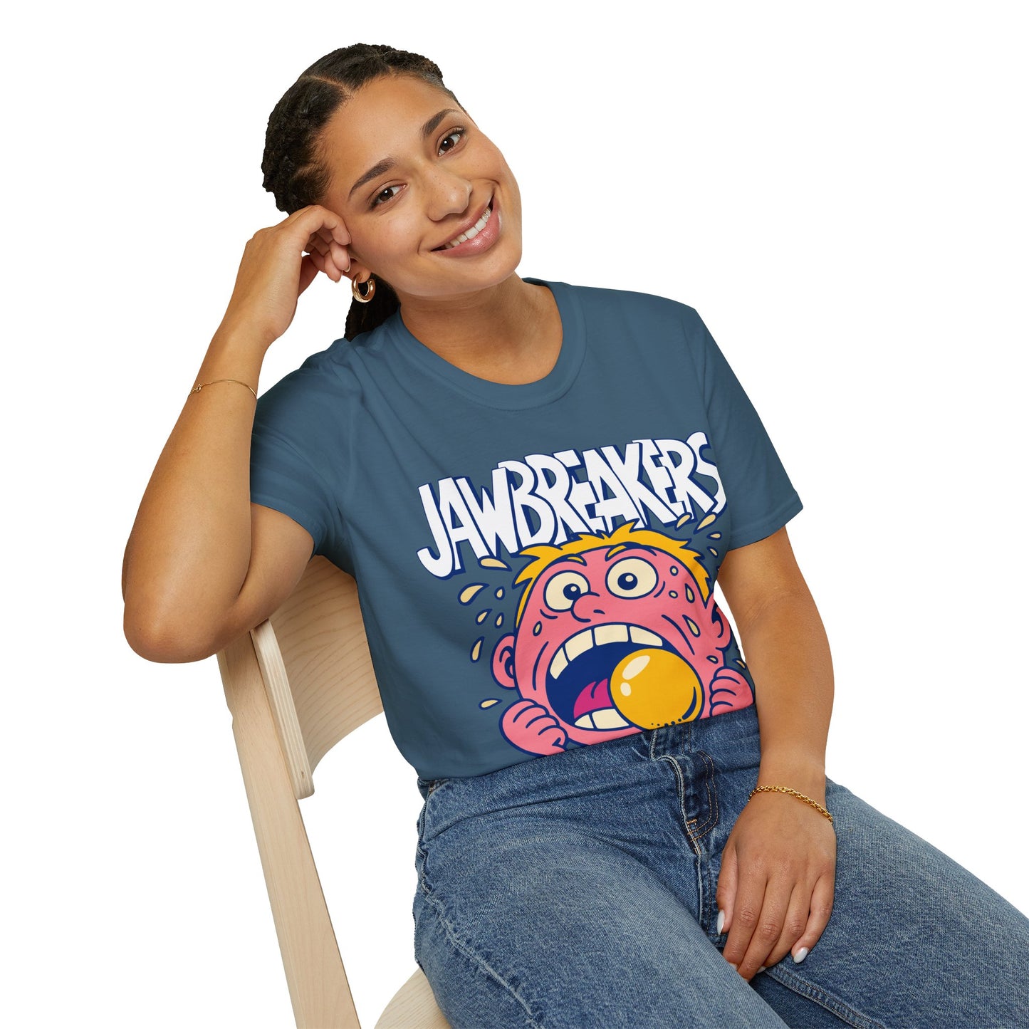 Person wearing a blue t-shirt with a colorful graphic and 'Jawbreakers' text.