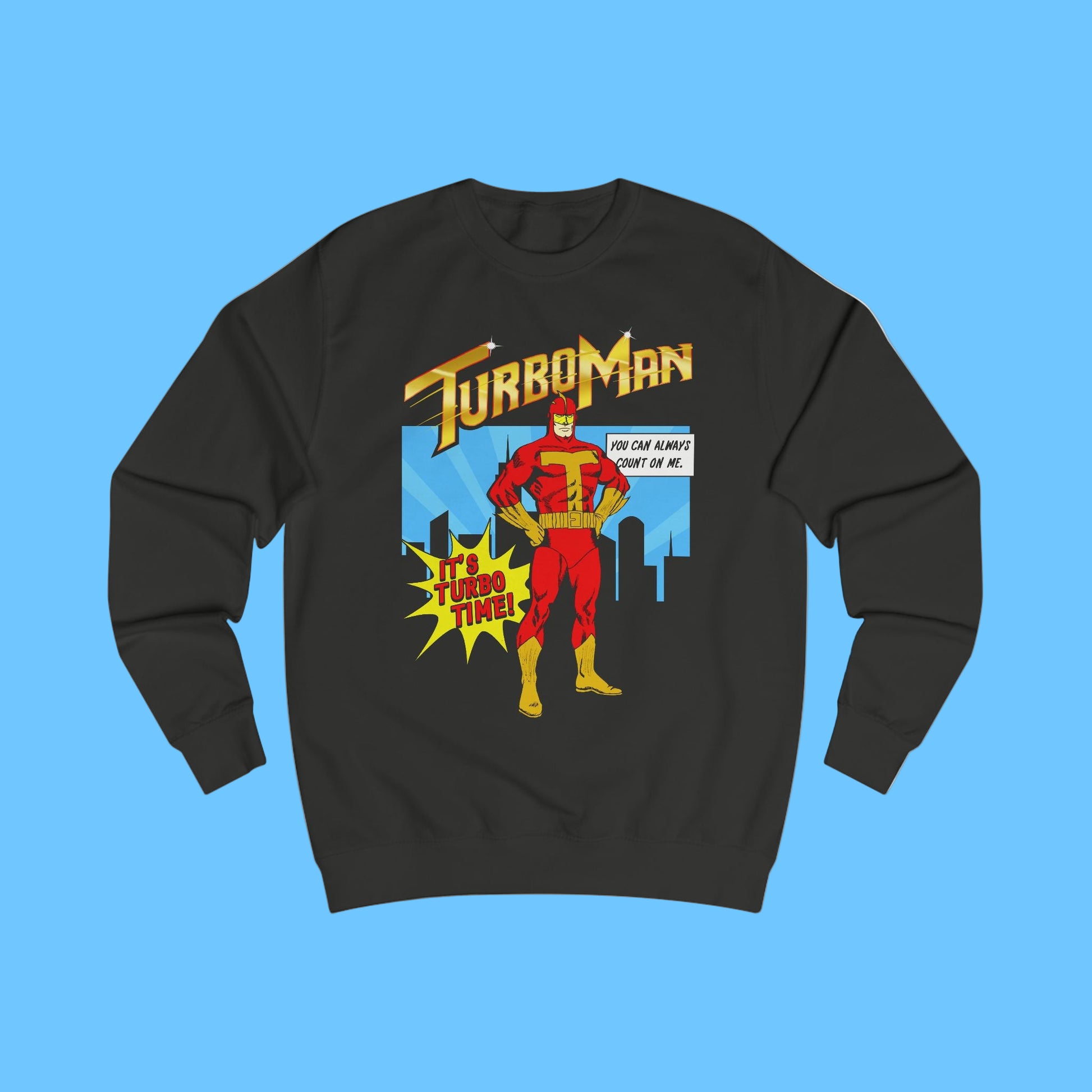 Black sweatshirt with TurboMan graphic design Christmas movie top