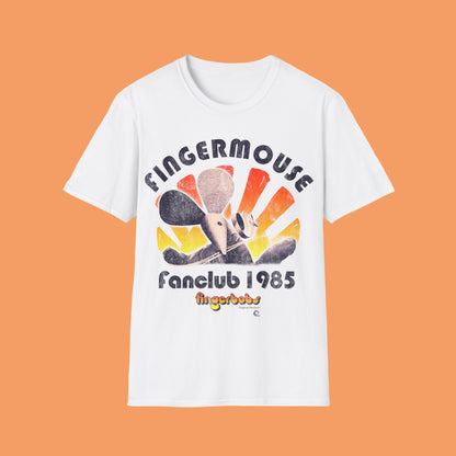 White t-shirt with 'Fingermouse Fanclub 1985' graphic design on a white background
