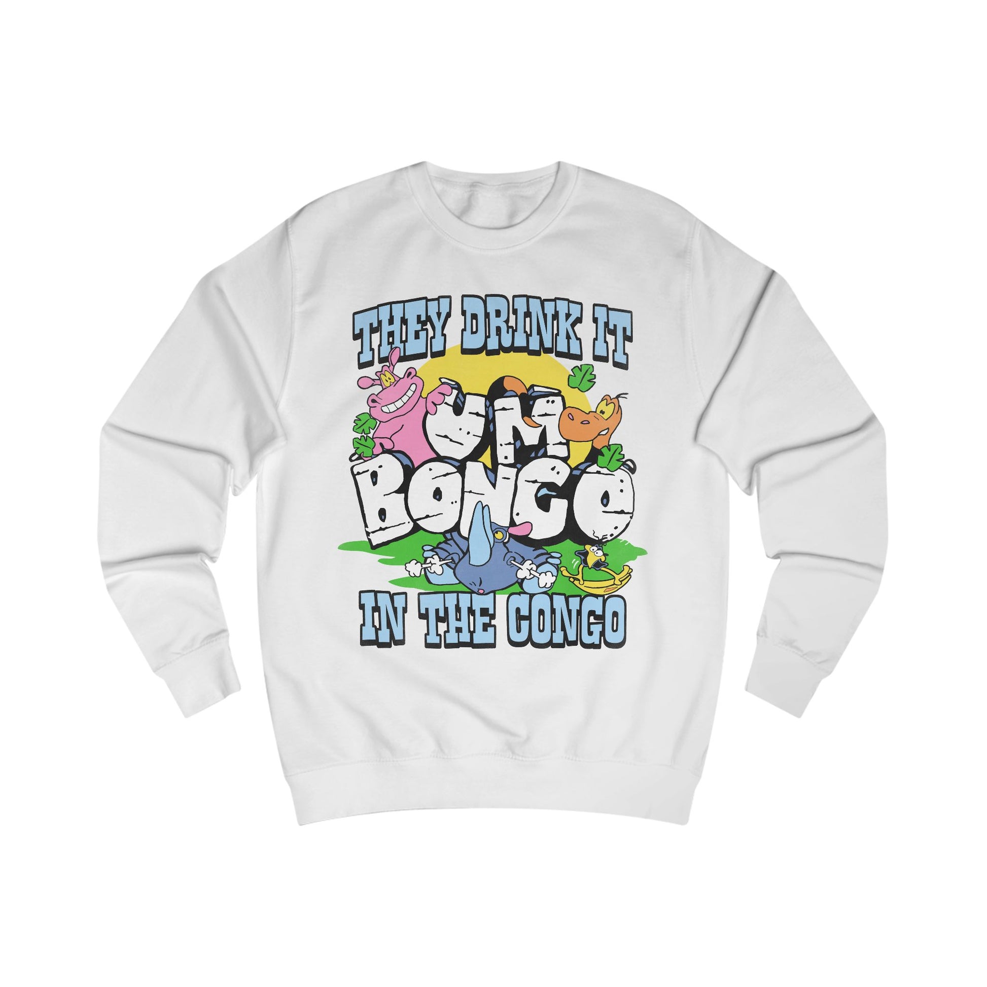 Official Um Bongo They Drink It In The Congo white sweatshirt with colourful graphic Rhino  design, Exclusive to Retro Tees