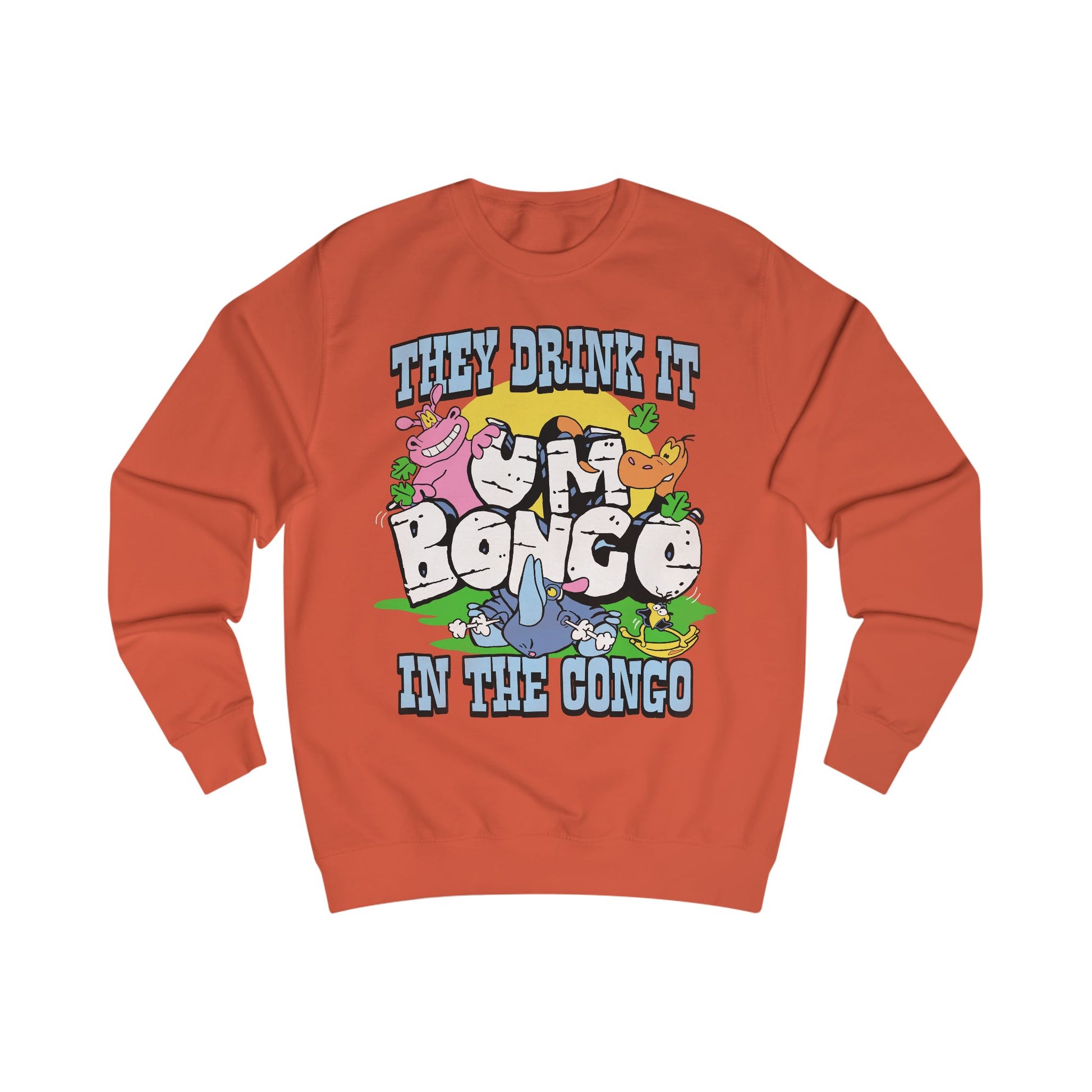 Official Um Bongo They Drink It In The Congo burnt orange sweatshirt with colourful graphic Rhino  design, Exclusive to Retro Tees