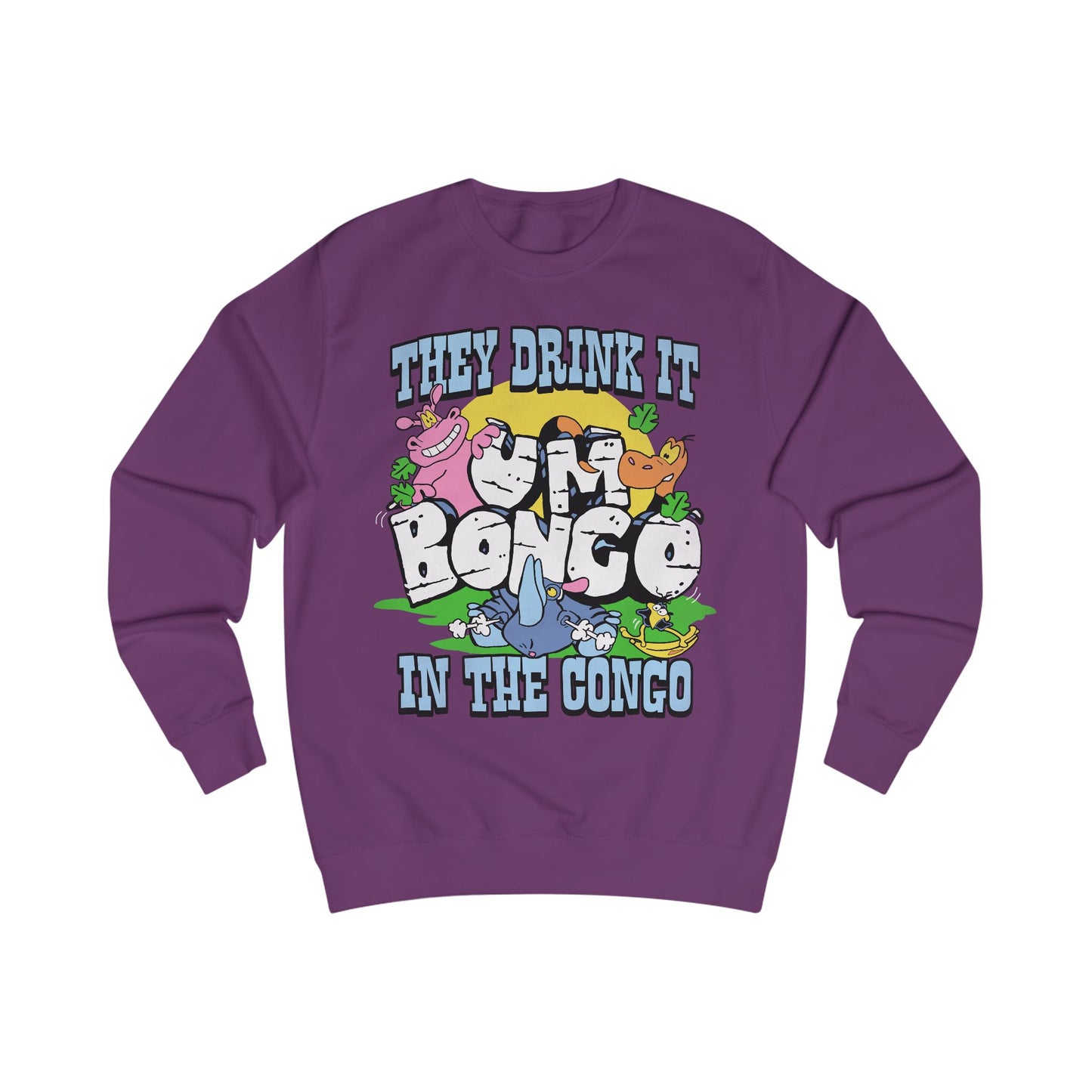 Official Um Bongo They Drink It In The Congo purple sweatshirt with colourful graphic Rhino  design, Exclusive to Retro Tees