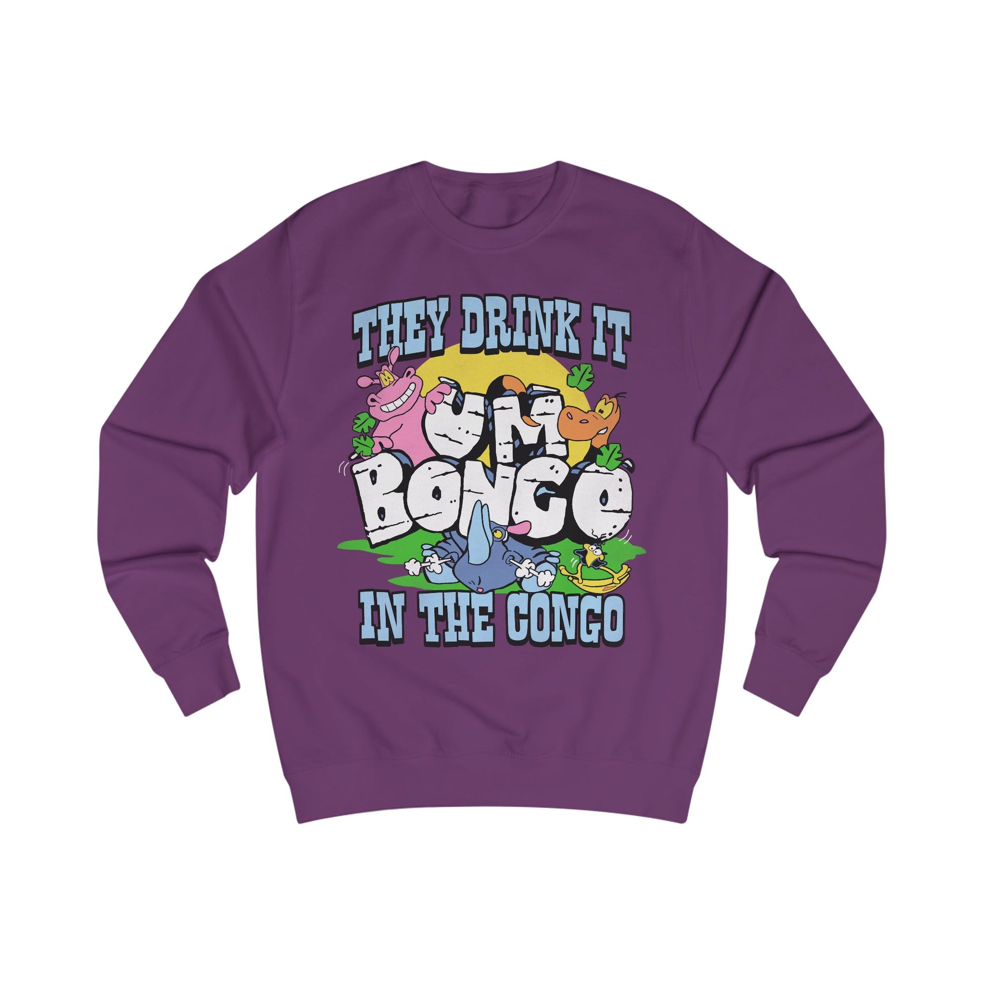 Official Um Bongo They Drink It In The Congo purple sweatshirt with colourful graphic Rhino  design, Exclusive to Retro Tees