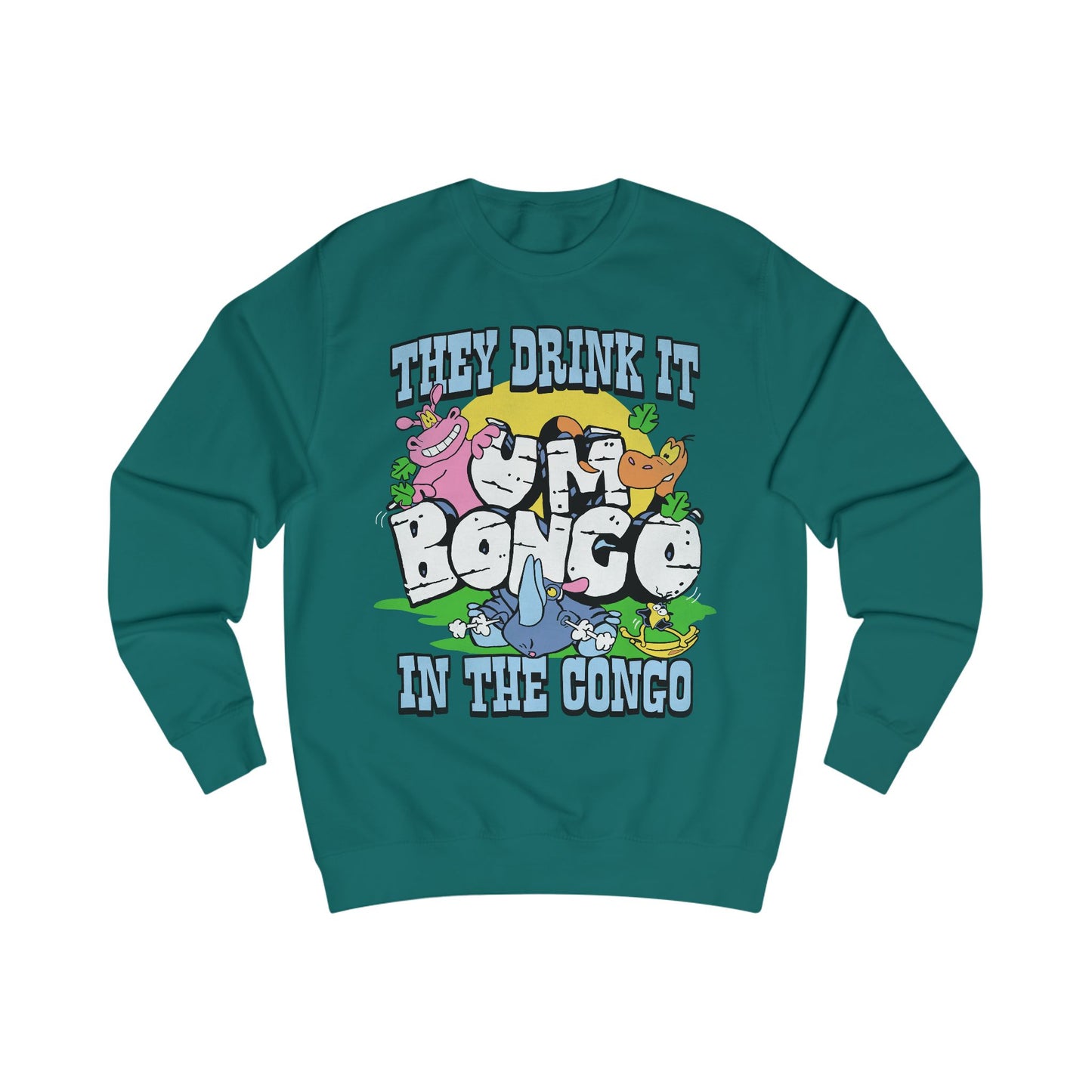 Official Um Bongo They Drink It In The Congo jade sweatshirt with colourful graphic Rhino  design, Exclusive to Retro Tees