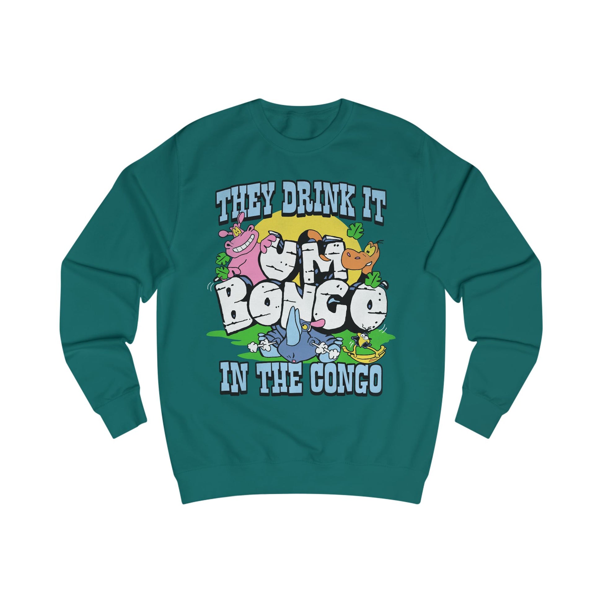 Official Um Bongo They Drink It In The Congo jade sweatshirt with colourful graphic Rhino  design, Exclusive to Retro Tees
