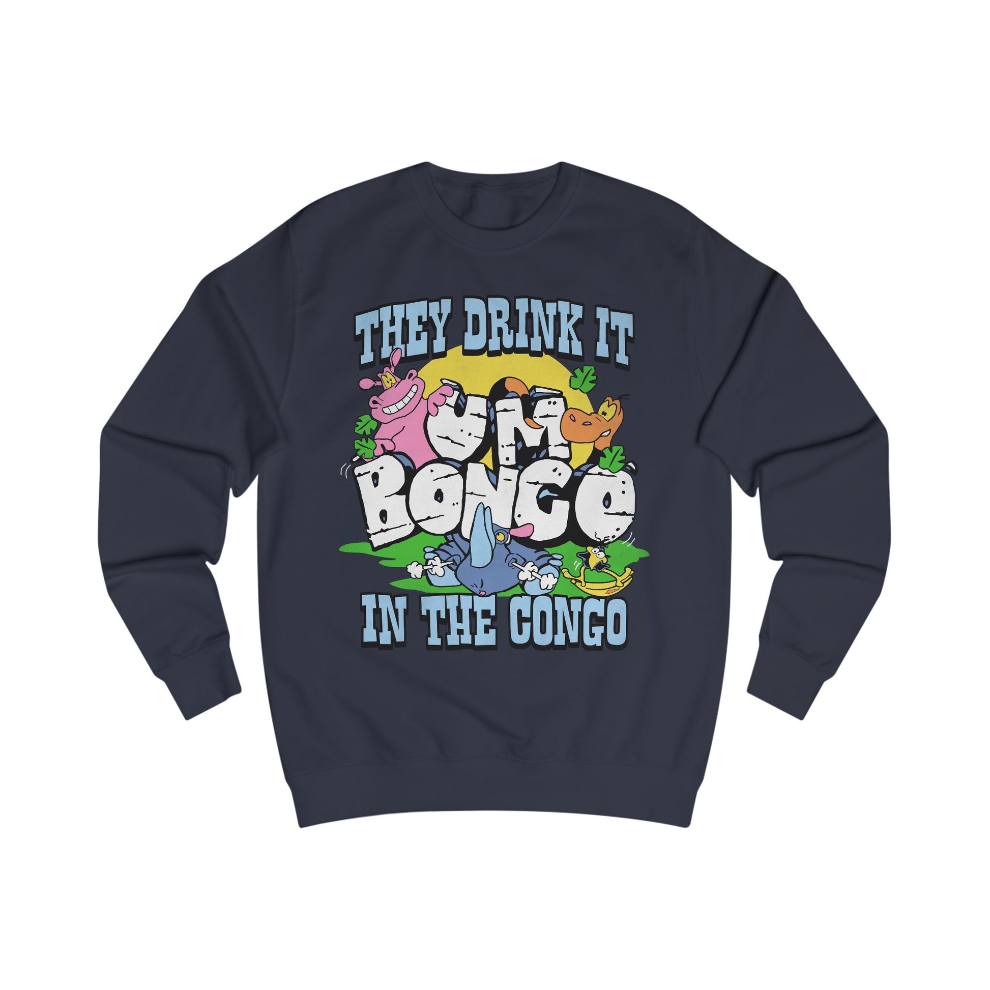 Official Um Bongo They Drink It In The Congo navy sweatshirt with colourful graphic Rhino  design, Exclusive to Retro Tees
