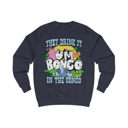 Official Um Bongo They Drink It In The Congo navy sweatshirt with colourful graphic Rhino  design, Exclusive to Retro Tees