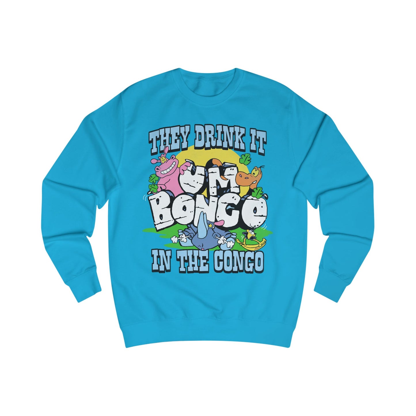 Official Um Bongo They Drink It In The Congo bright blue sweatshirt with colourful graphic Rhino  design, Exclusive to Retro Tees