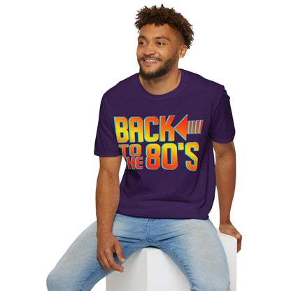 Man wearing a purple 'Back to the 80's' t-shirt on a white background