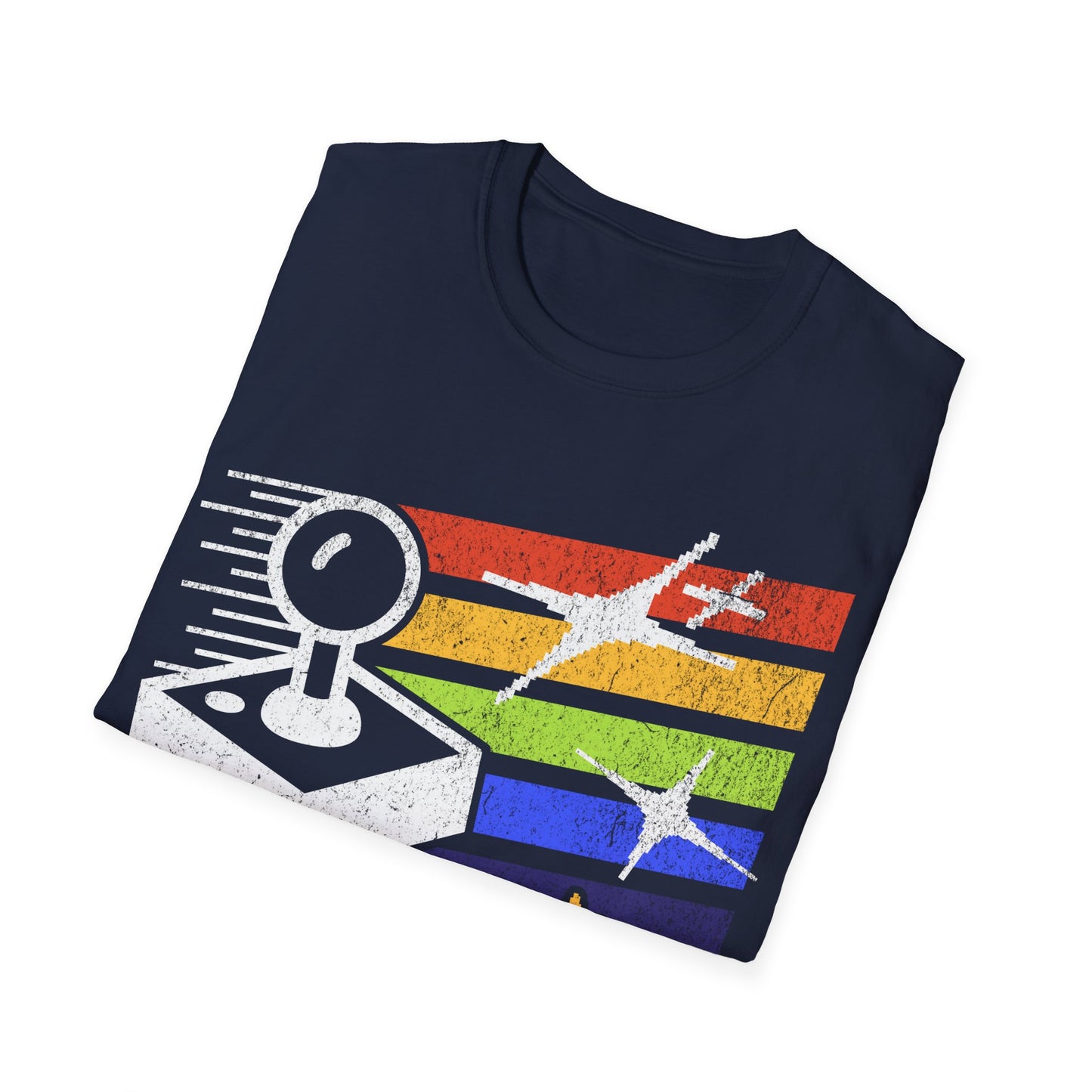 Folded navy blue t-shirt with colorful graphic design on a white background