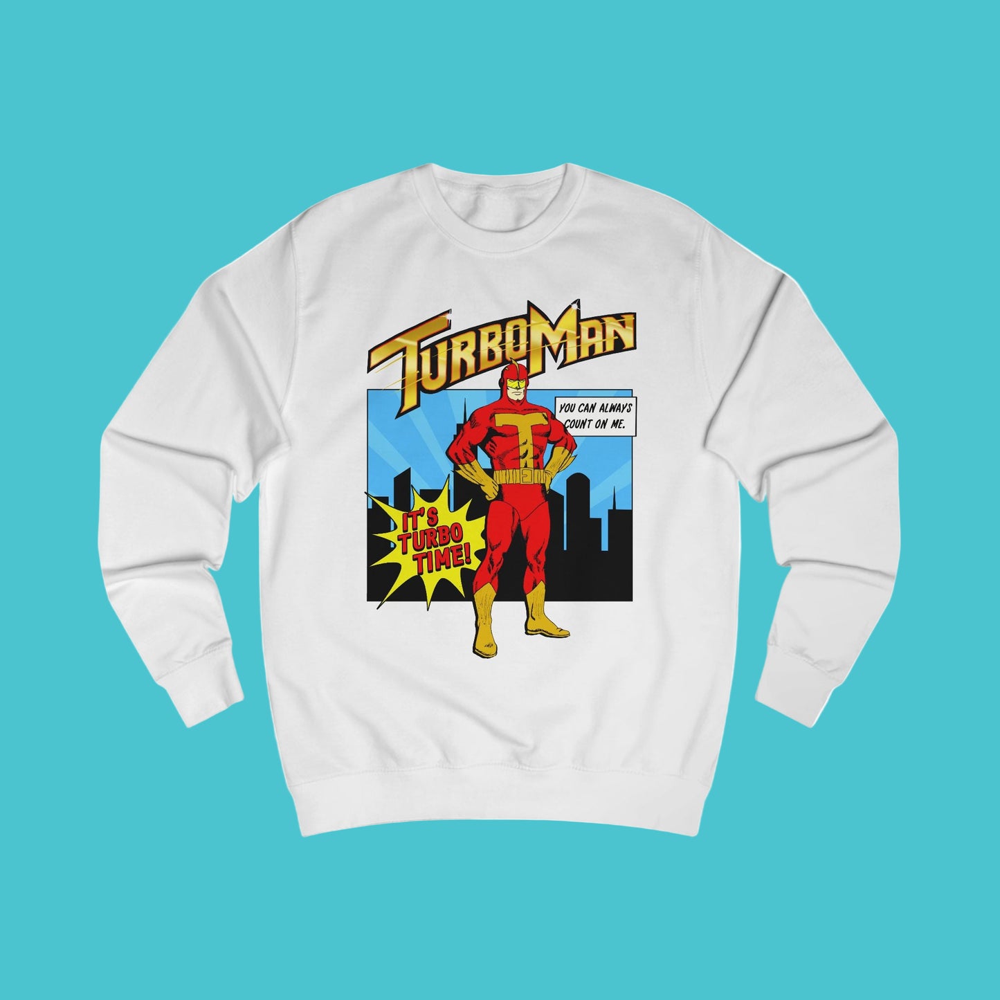White sweatshirt with TurboMan graphic design Christmas Jingle All The Way movie inspired Sweater