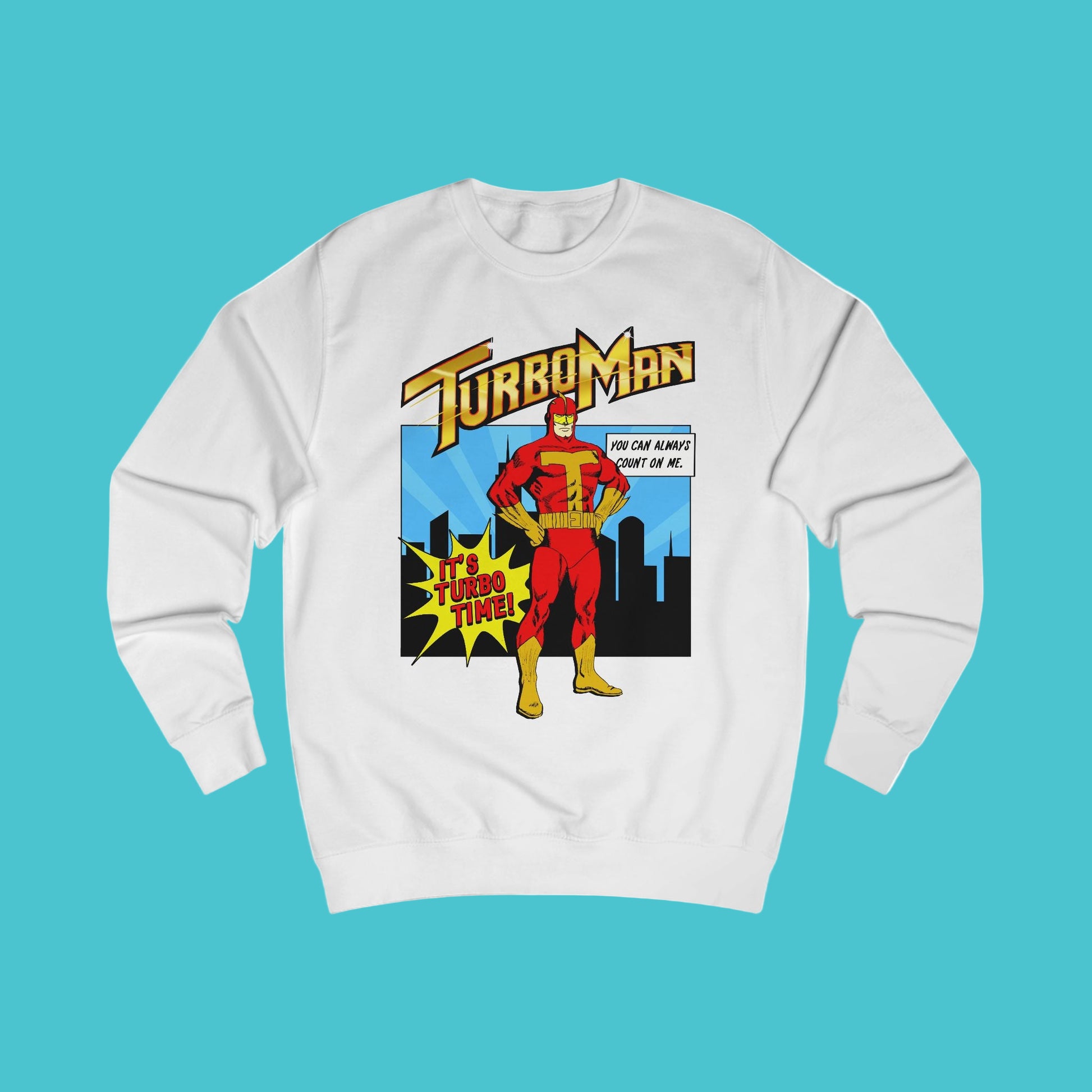 White sweatshirt with TurboMan graphic design Christmas Jingle All The Way movie inspired Sweater
