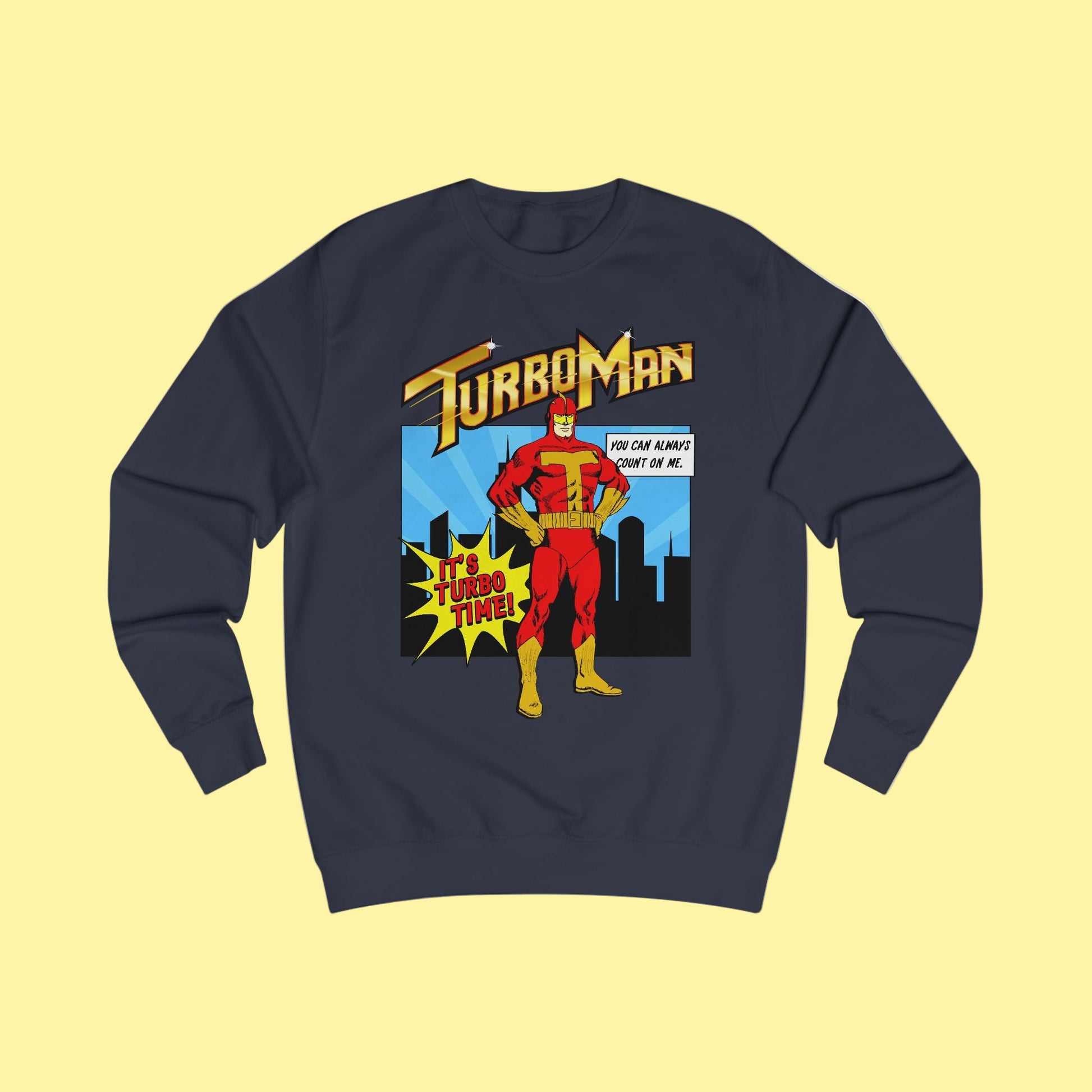Navy blue sweatshirt with TurboMan graphic design Christmas Jingle All The Way movie inspired Sweater