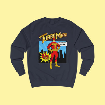 Navy blue sweatshirt with TurboMan graphic design Christmas Jingle All The Way movie inspired Sweater