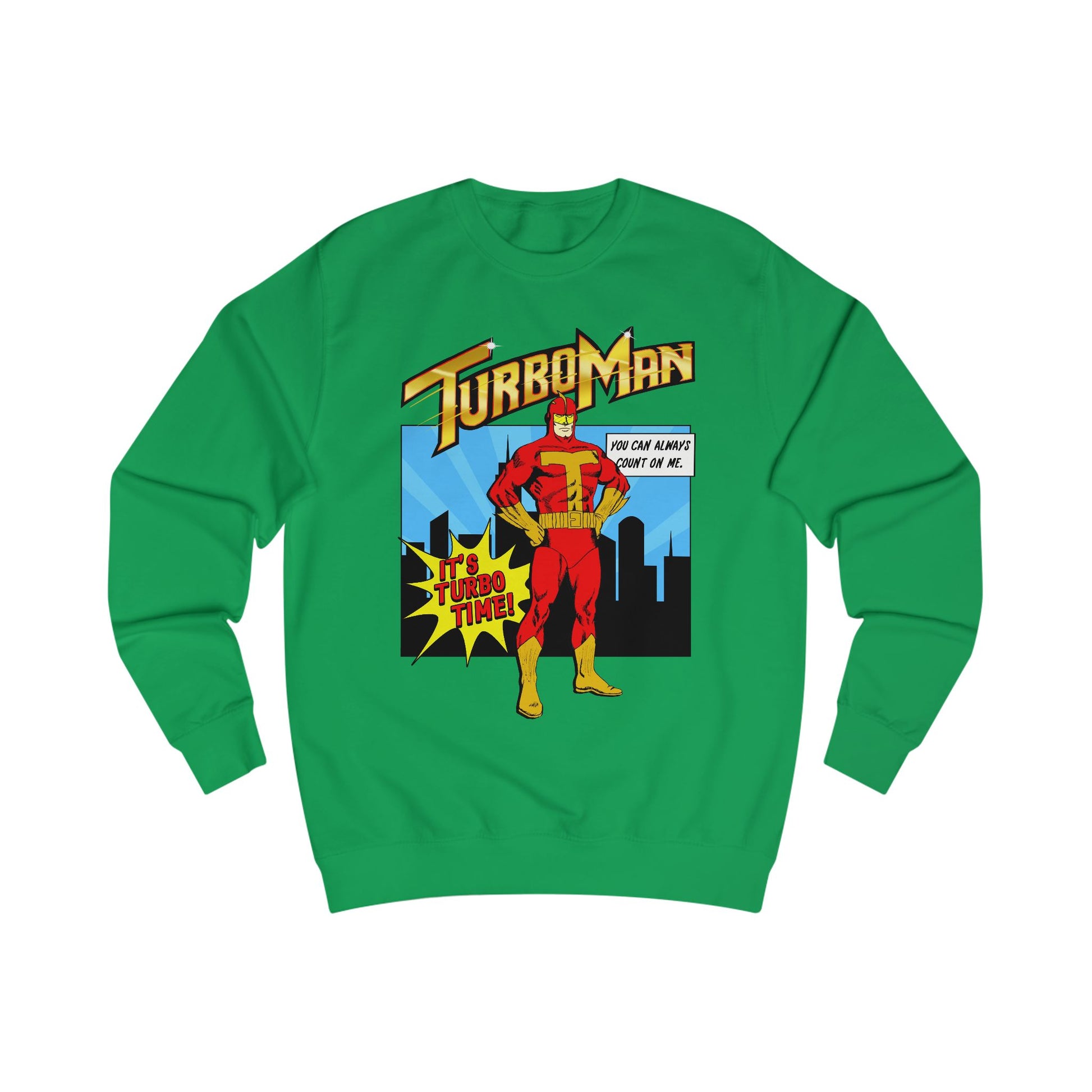 Green sweatshirt with TurboMan graphic design Christmas Jingle All The Way movie inspired Sweater