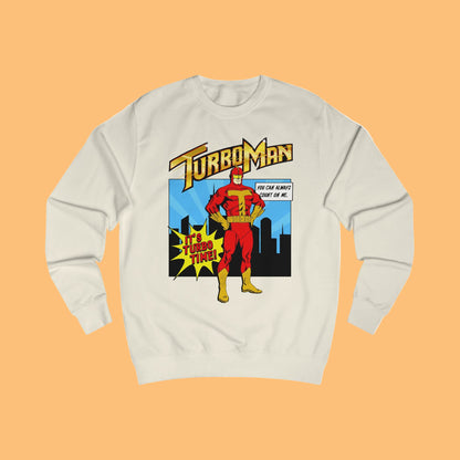 Beige sweatshirt with TurboMan graphic design Christmas Jingle All The Way movie inspired Sweater