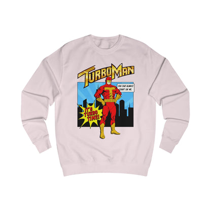 Light pink sweatshirt with TurboMan graphic design Christmas Jingle All The Way movie inspired Sweater