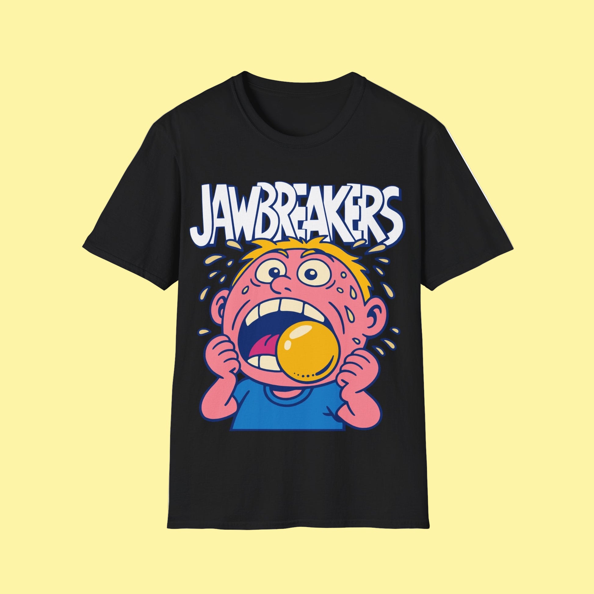 Black t-shirt with cartoon character and 'Jawbreakers' text on a white background
