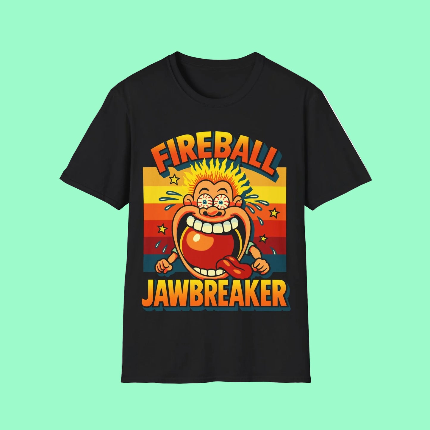 Black t-shirt with colorful graphic and 'Fireball Jawbreaker' text on a white background
