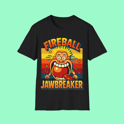Black t-shirt with colorful graphic and 'Fireball Jawbreaker' text on a white background
